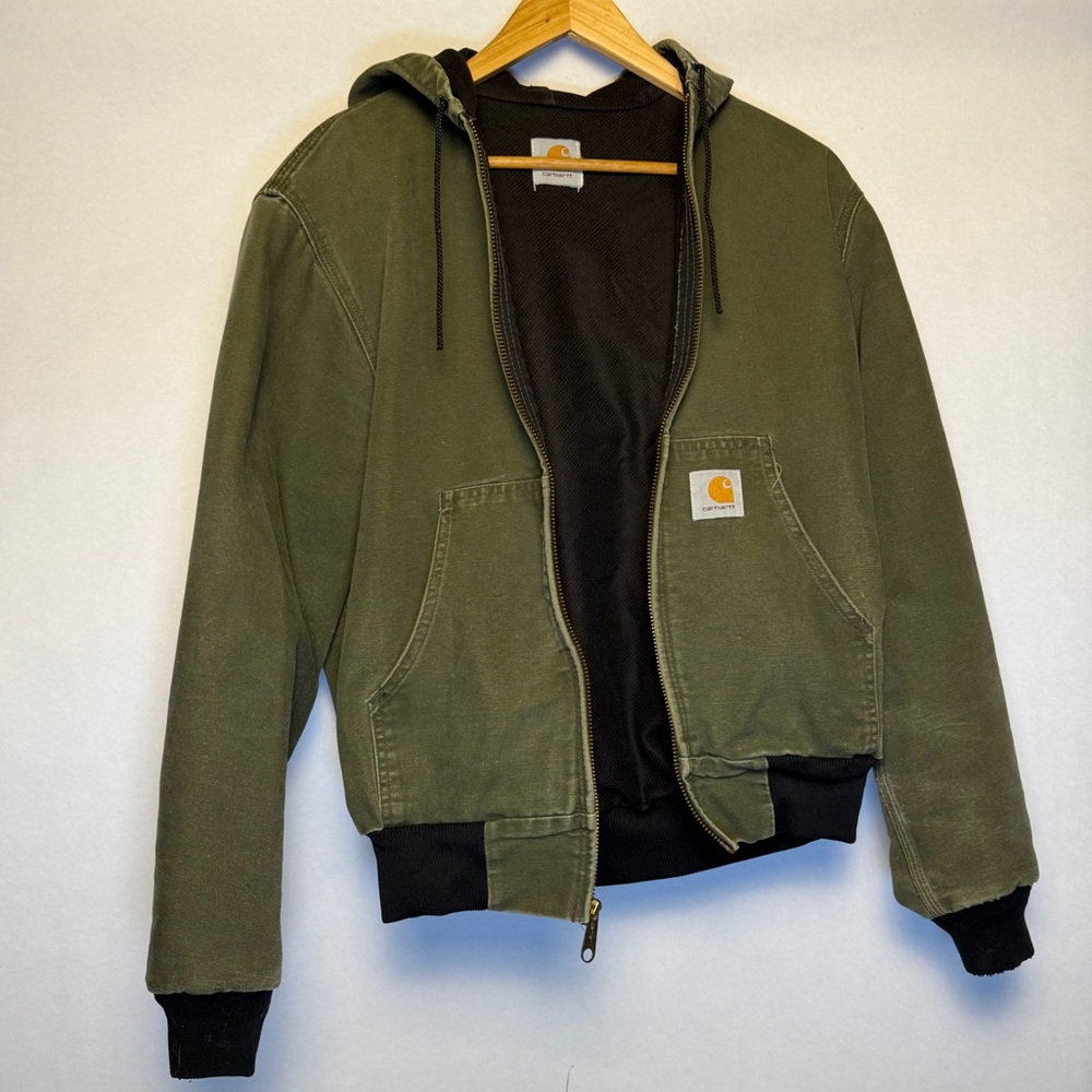 Carhartt Hooded Zip Jacket Cropped Fit Olive Green Mens S/M Workwear